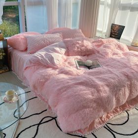 Milk Fiber Winter Mink Fur Bed Four-piece Long Wool Quilt Cover Coral Velvet Double-sided Plush Fleece-lined Quilted Bed Skirt Princess Style (Option: Pink-200CM Bed B)