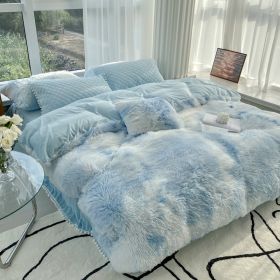 Milk Fiber Winter Mink Fur Bed Four-piece Long Wool Quilt Cover Coral Velvet Double-sided Plush Fleece-lined Quilted Bed Skirt Princess Style (Option: Colorful Sky Blue-200CM Bed B)