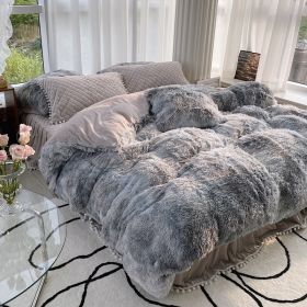 Milk Fiber Winter Mink Fur Bed Four-piece Long Wool Quilt Cover Coral Velvet Double-sided Plush Fleece-lined Quilted Bed Skirt Princess Style (Option: Gray And white-200CM Bed B)