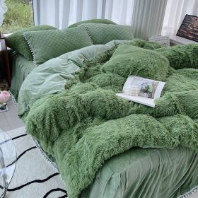 Milk Fiber Winter Mink Fur Bed Four-piece Long Wool Quilt Cover Coral Velvet Double-sided Plush Fleece-lined Quilted Bed Skirt Princess Style (Option: Green-200CM Bed B)