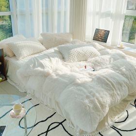 Milk Fiber Winter Mink Fur Bed Four-piece Long Wool Quilt Cover Coral Velvet Double-sided Plush Fleece-lined Quilted Bed Skirt Princess Style (Option: White-200CM Bed B)