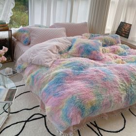 Milk Fiber Winter Mink Fur Bed Four-piece Long Wool Quilt Cover Coral Velvet Double-sided Plush Fleece-lined Quilted Bed Skirt Princess Style (Option: Blue Pink-200CM Bed B)