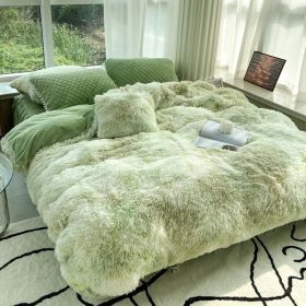 Milk Fiber Winter Mink Fur Bed Four-piece Long Wool Quilt Cover Coral Velvet Double-sided Plush Fleece-lined Quilted Bed Skirt Princess Style (Option: Colorful Green-200CM Bed B)