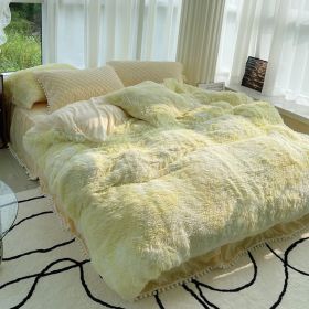 Milk Fiber Winter Mink Fur Bed Four-piece Long Wool Quilt Cover Coral Velvet Double-sided Plush Fleece-lined Quilted Bed Skirt Princess Style (Option: Yellow And white-200CM Bed B)