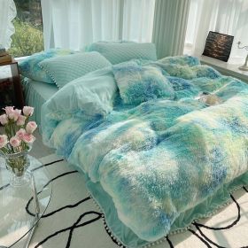 Milk Fiber Winter Mink Fur Bed Four-piece Long Wool Quilt Cover Coral Velvet Double-sided Plush Fleece-lined Quilted Bed Skirt Princess Style (Option: Blue And Green-200CM Bed B)